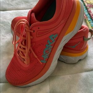 Hoka Women's Vibrant Coral and Teal Athletic Shoes